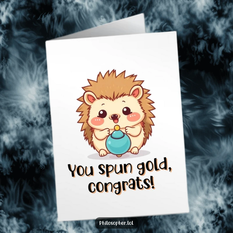 Funny Free Printable Hedgehog Congratulations Card showing a happy hedgehog watching a spinning top, excellent for download.