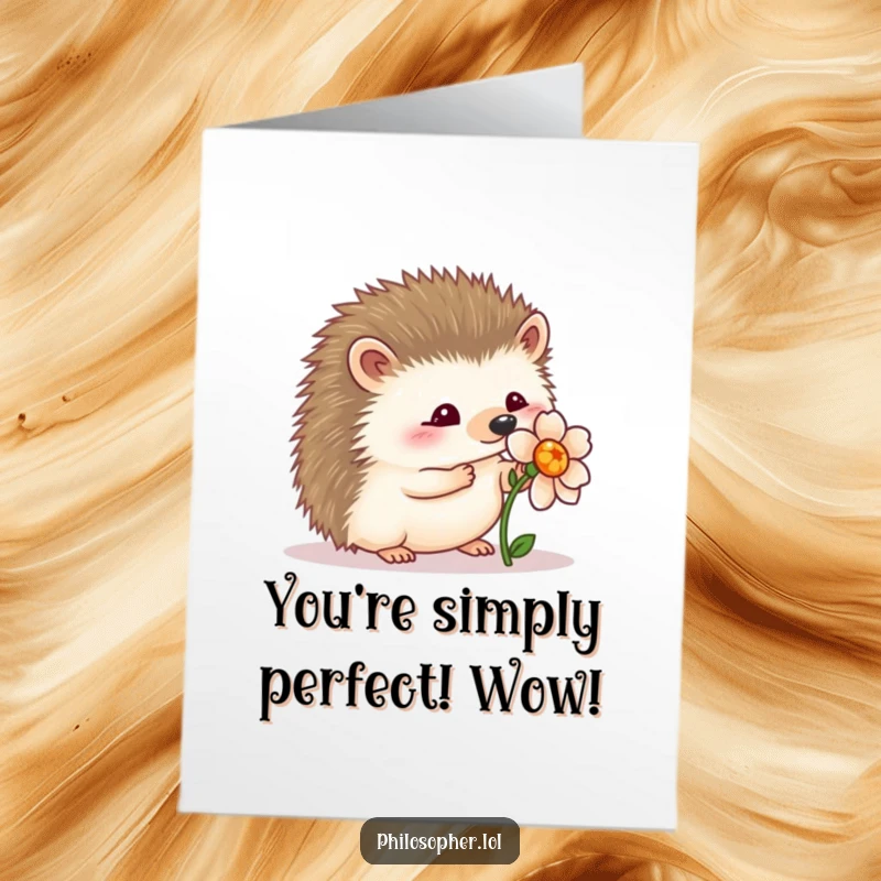Funny Free Printable Congratulations Card of a wobbly hedgehog examining a perfect flower, symbolizing delicate success, downloadable art.