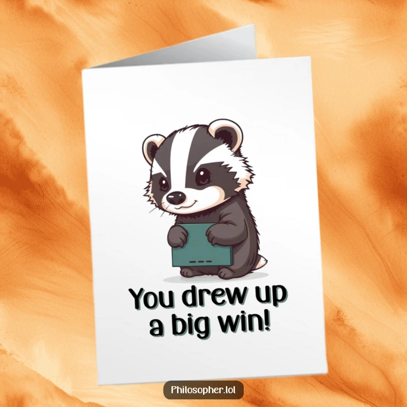 Funny Free Printable Congratulations Card: A determined badger proudly displaying a sketch on a tiny chalkboard, celebrating accomplishments.