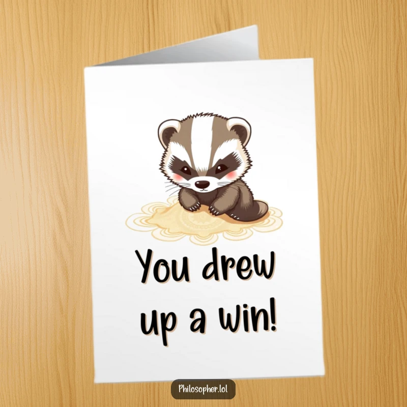 Funny Free Printable Congratulations Card showing a charming badger creating intricate sand art, celebrating a grand success.
