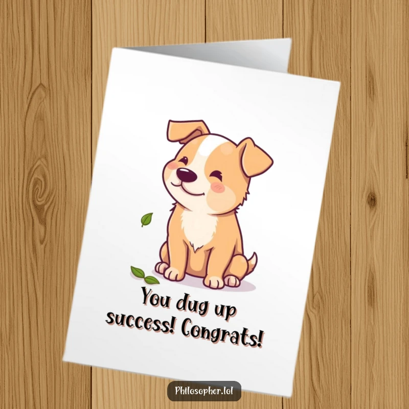 Funny Free Printable Congratulations Card: A beaming dog lost in thought, gazing at a lone leaf, celebrating achievements.