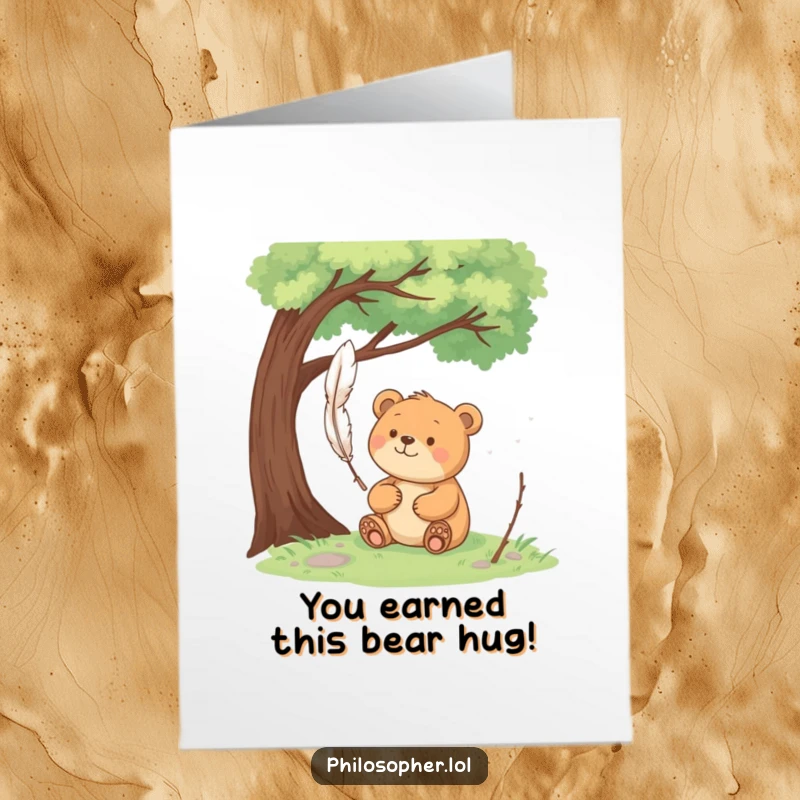 Funny Free Printable Congratulations Card: a happy bear thoughtfully ponders a floating feather under a tree.