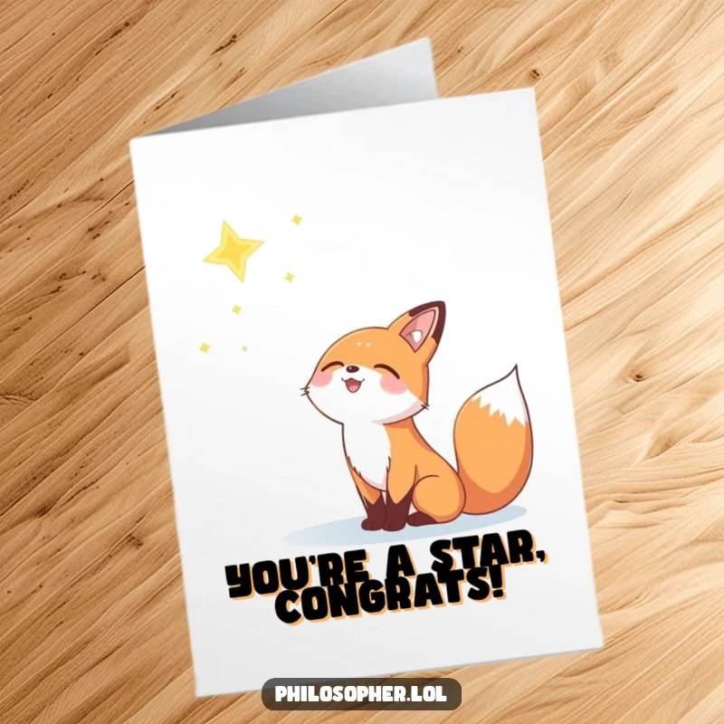 Funny Free Printable Congrats Card: A joyful fox gazing upwards at a faraway twinkling star, celebrating aspirations.