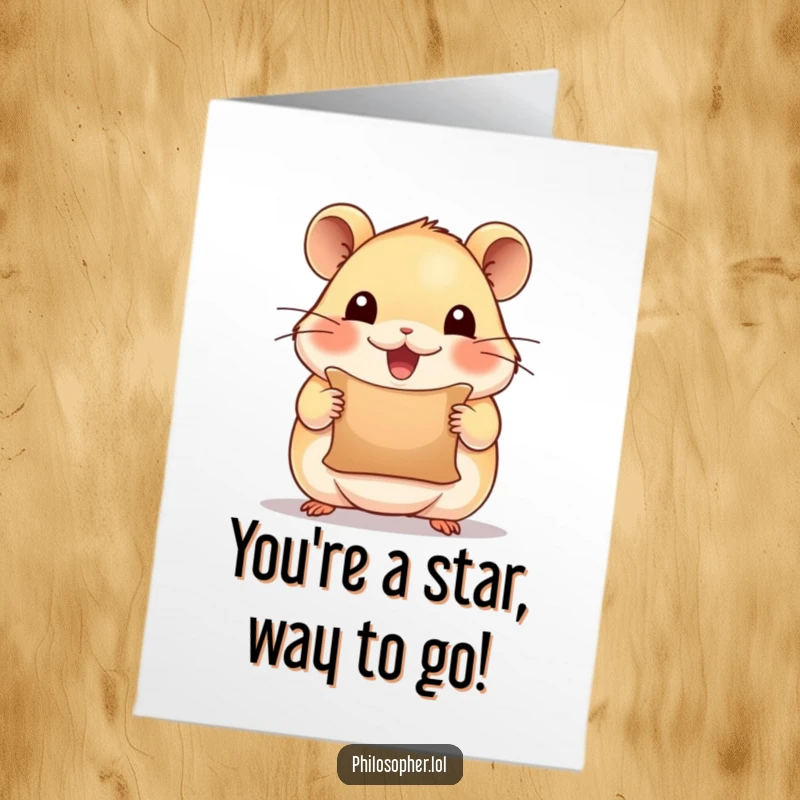 Funny Free Printable Congratulations Card: An inspired hamster holds a scroll, celebrating achievements with joy.