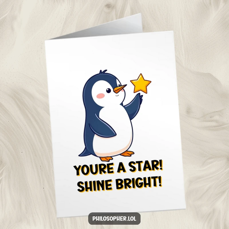 Funny Free Printable Congratulations Card with a wise penguin pointing towards a star, celebrating a momentous occasion.