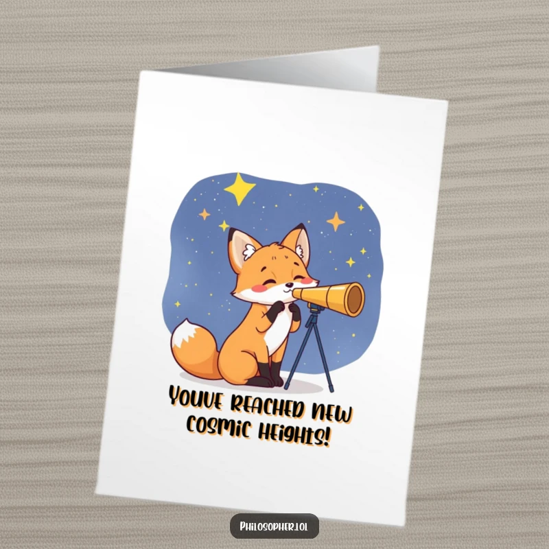 Funny Free Printable Congratulations Card showing a curious fox gazing at stars through a telescope, celebrating achievement.