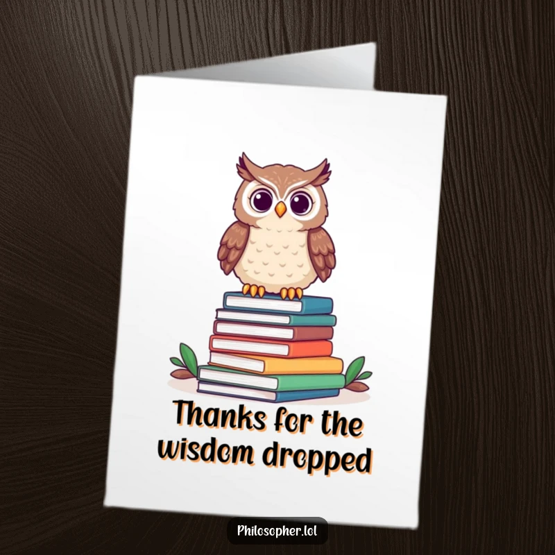 Funny Free Printable Owl Thank You Card with a proud owl sitting on books, ready for download.