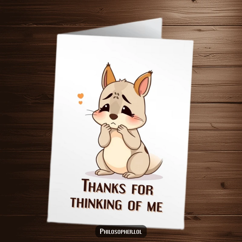 Funny Free Printable Thank You Card featuring a confused squirrel scratching its head, pondering thanks, downloadable art.
