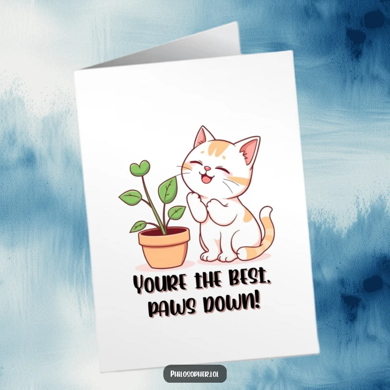 Funny free printable thank you card: A sweet cat shares loving secrets with a content potted plant, a heartwarming and humorous scene.