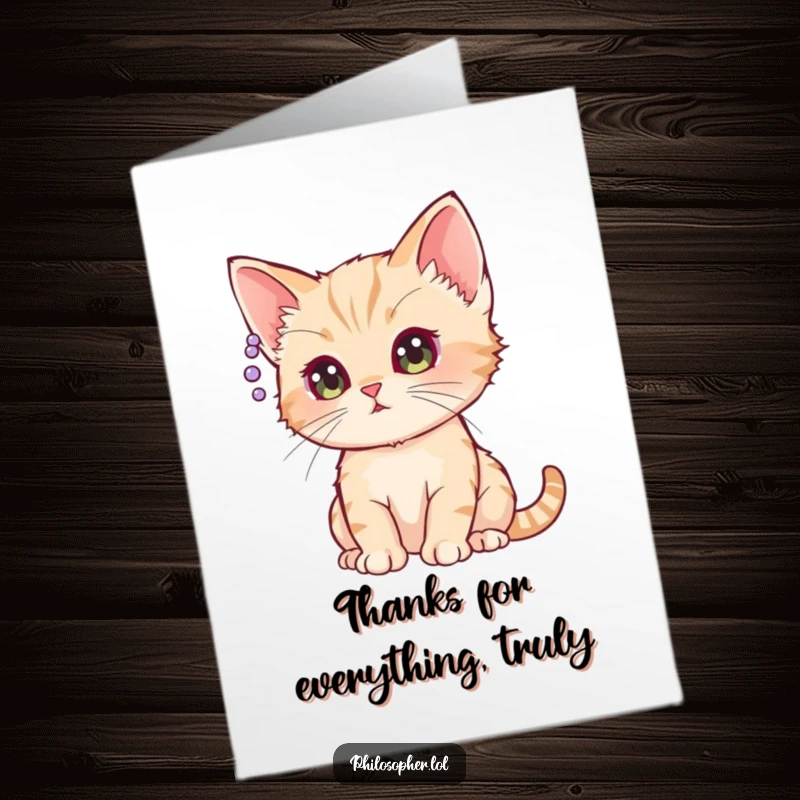 Funny Free Printable Thank You Card: Kitten thoughtfully stares at a question mark, a curious downloadable gift.