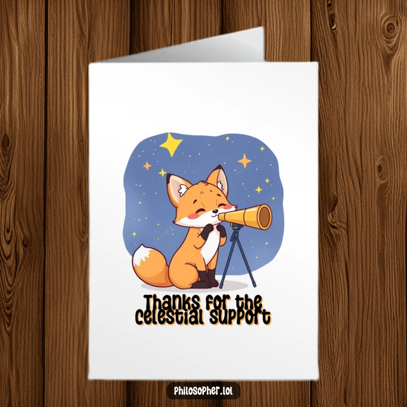 Funny Free Printable Thank You Card: Curious fox with telescope looking at stars, expressing cosmic gratitude.