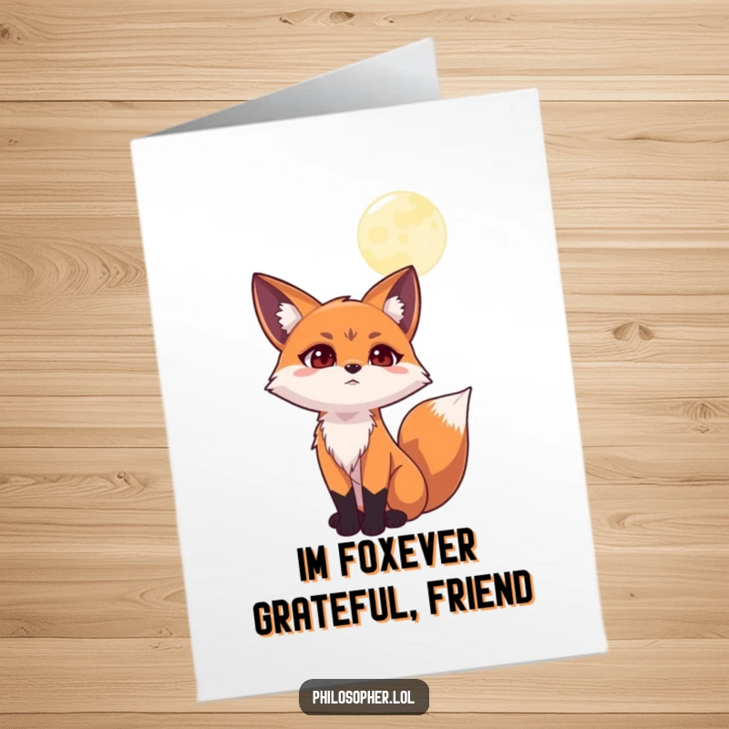 Funny Free Printable Thank You Card of a determined fox looking at the moon, expressing deep, contemplative gratitude.