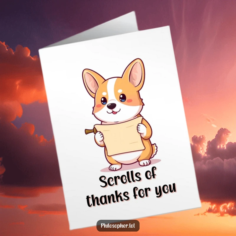 Funny Free Printable Thank You Card: a determined corgi presents a tiny scroll of thanks.
