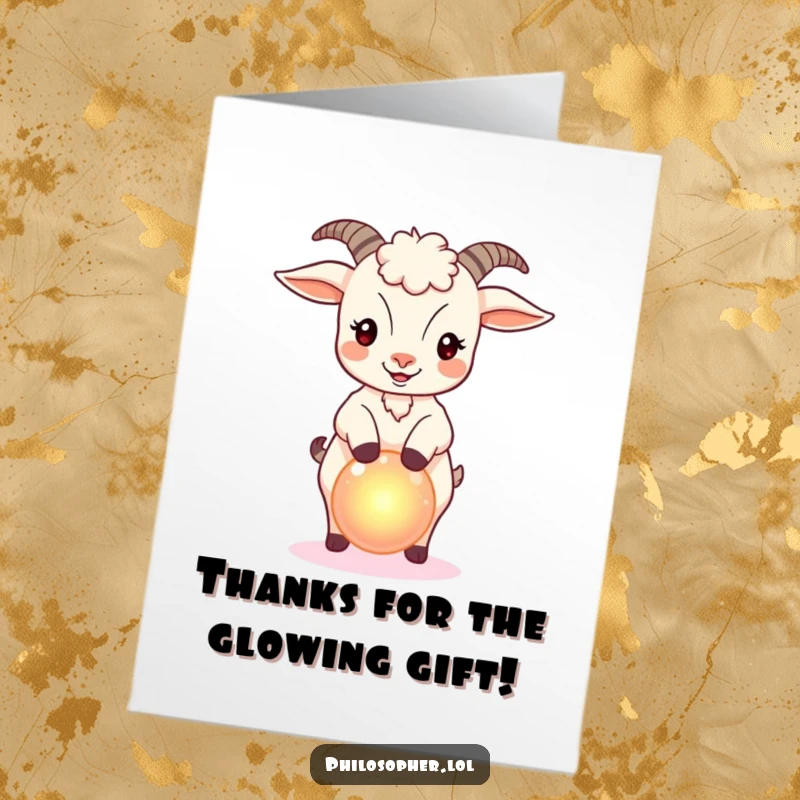 Funny Free Printable Thank You Card: A bouncy goat balancing a small, glowing orb, conveying thanks.