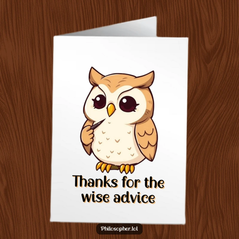 Funny Free Printable Thank You Card: A determined owl strokes its chin thoughtfully, pondering the reasons for gratitude.