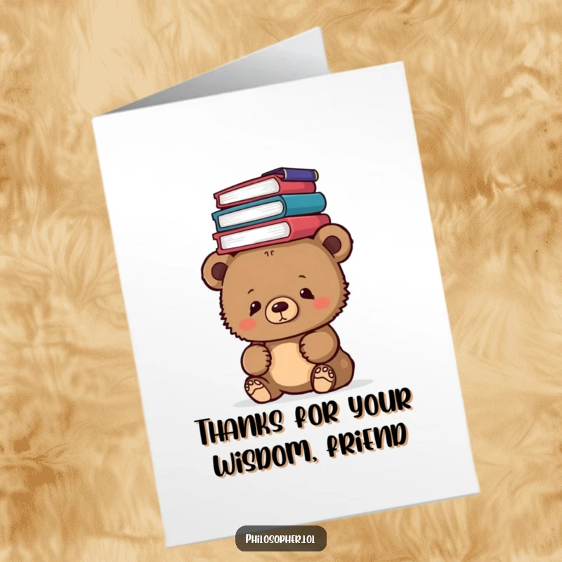 Funny Free Printable thank you card: A curious bear cub balances philosophy books, expressing thanks with intellectual humor.