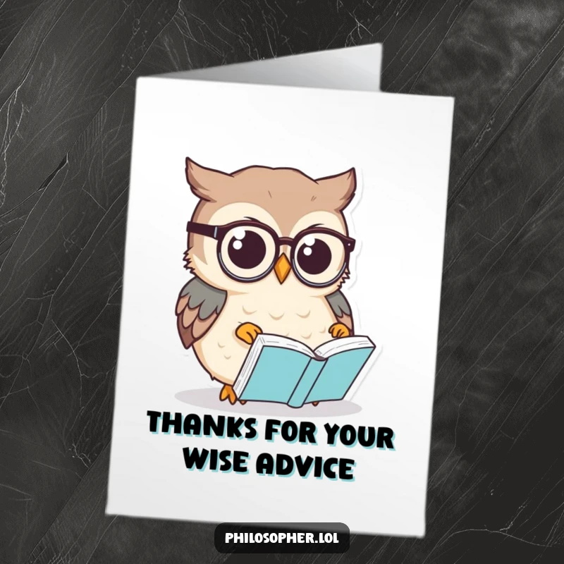 Funny Free Printable Thank You Card: Small owl in spectacles ponders a book, a thoughtful downloadable gift.