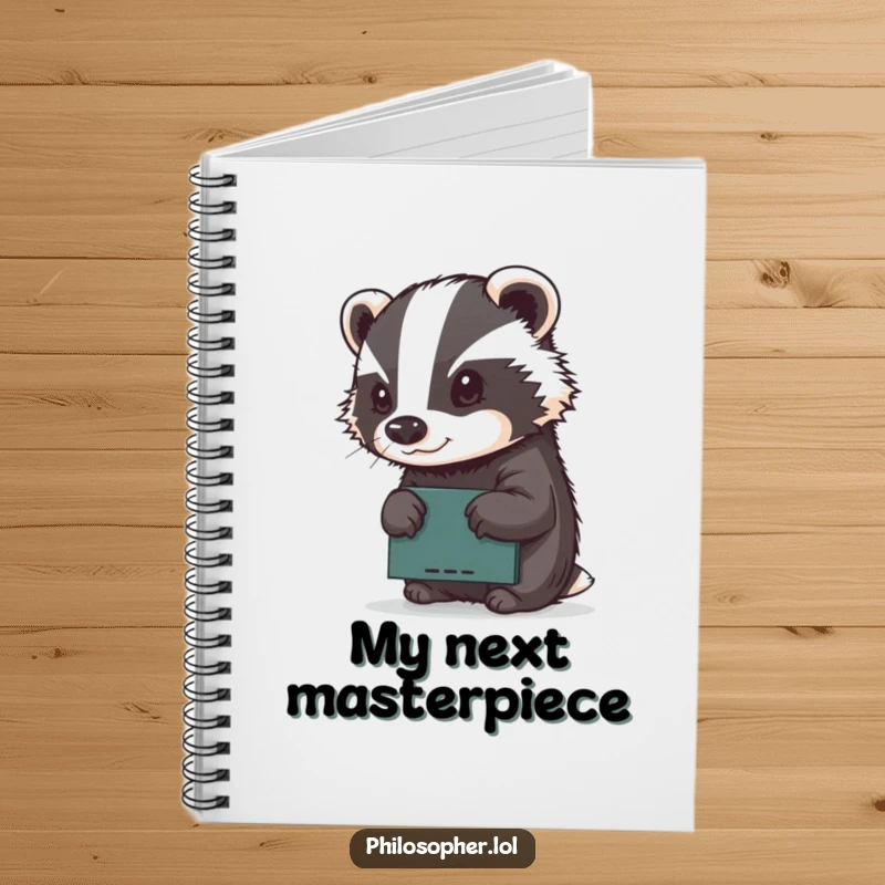 Funny notebook cover with a determined badger sketching on a tiny chalkboard, encouraging creative note-taking.