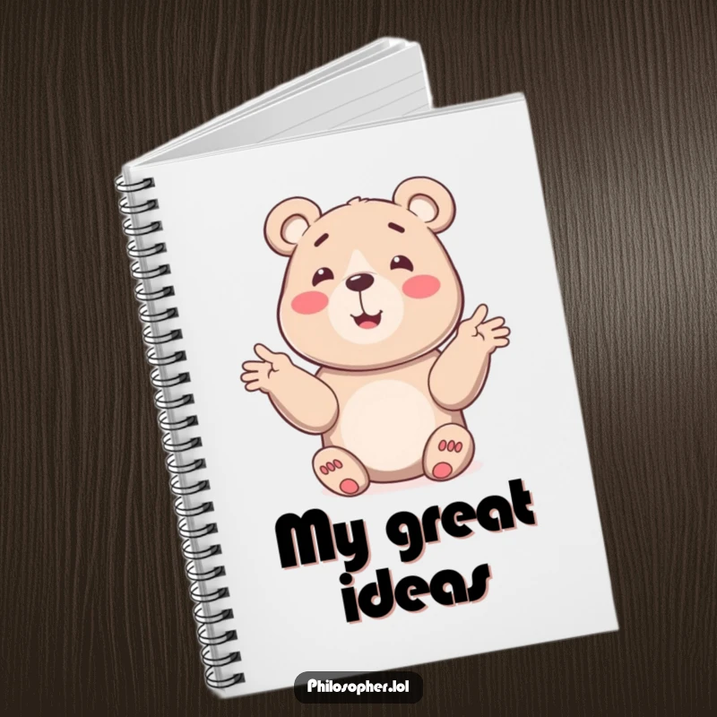 Funny bear notebook featuring a smiling bear explaining a concept with gestures, ideal for note-taking and brainstorming.