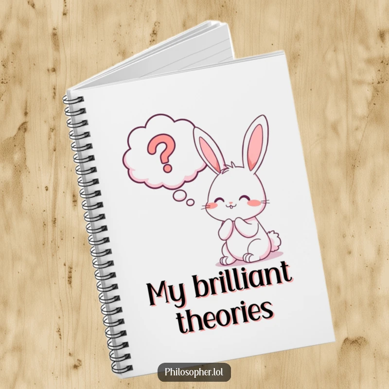 Funny bunny question mark notebook, featuring a cheerful rabbit pondering a large thought bubble with a question mark.