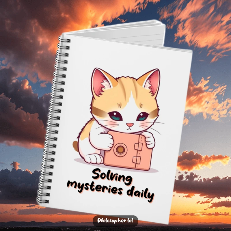 Funny cat notebook featuring a curious cat trying to unlock a tiny box, perfect for humorous journaling.