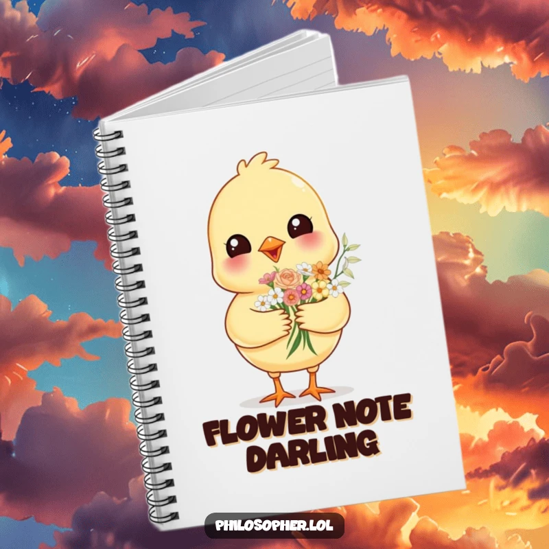 Funny cheerful chick, offering flowers, on the cover of a notebook, inspiring sweet entries and cheerful notes.