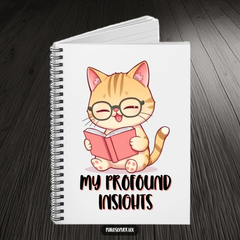 Funny giggling cat spectacles notebook, a cat with glasses giggling while reading a very small book.
