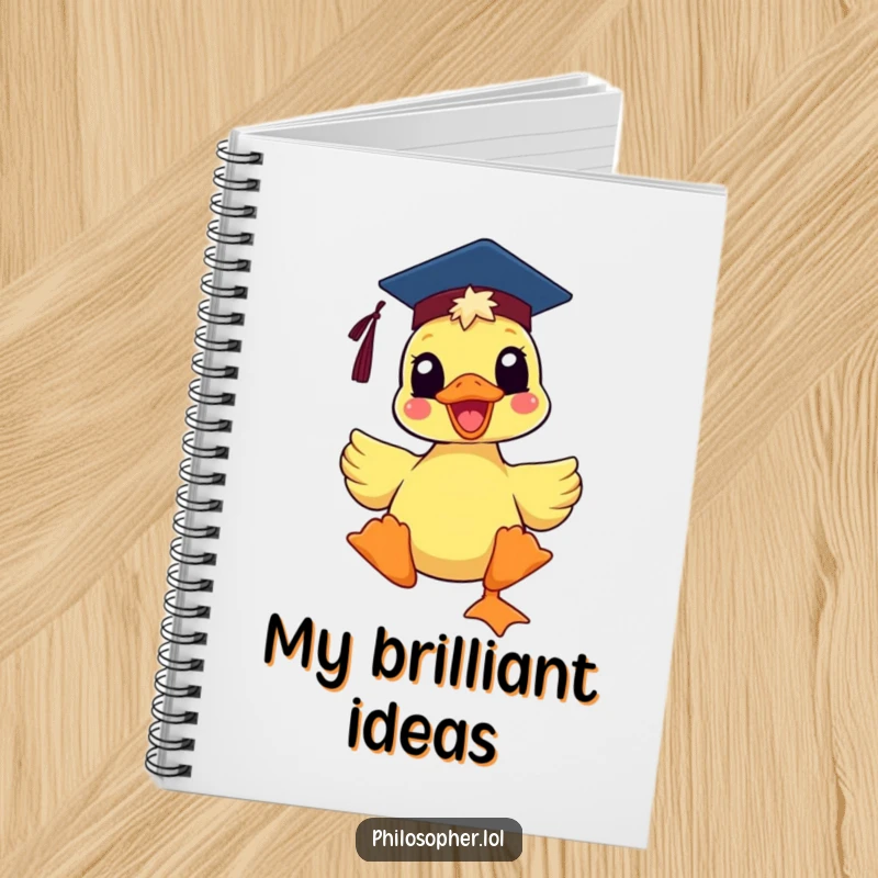 Funny delighted duck wearing a mortarboard hat, on the cover of a notebook, inspiring humorous entries and bright ideas.