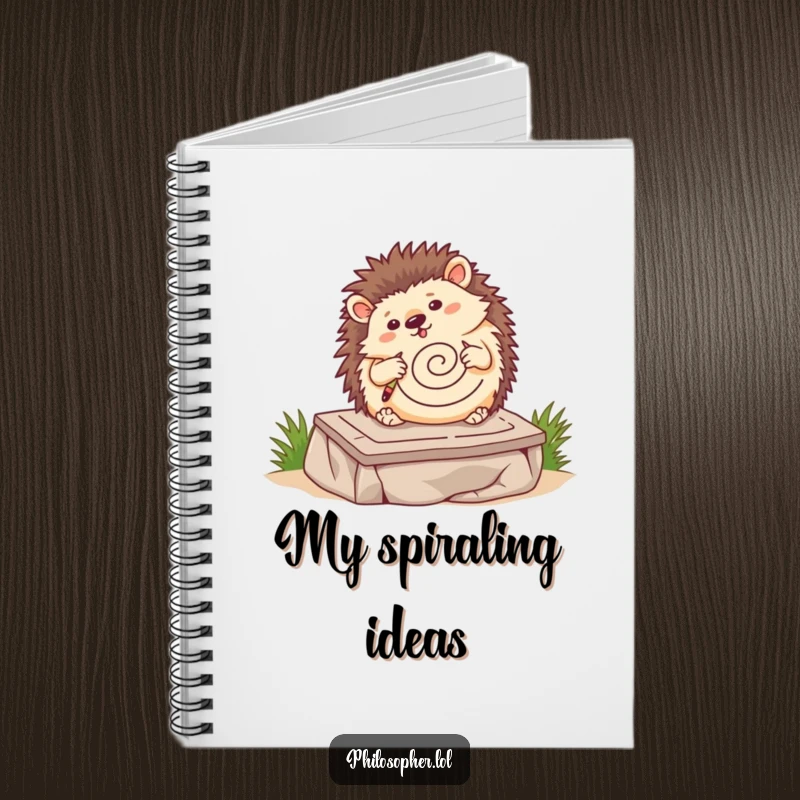 Funny hedgehog notebook, wobbling hedgehog drawing a spiral on a stone tablet, journal, cute animal design.