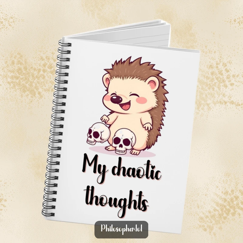 Funny hedgehog notebook, open pages, giggling creature juggling skulls, dark humor stationery, whimsical design.