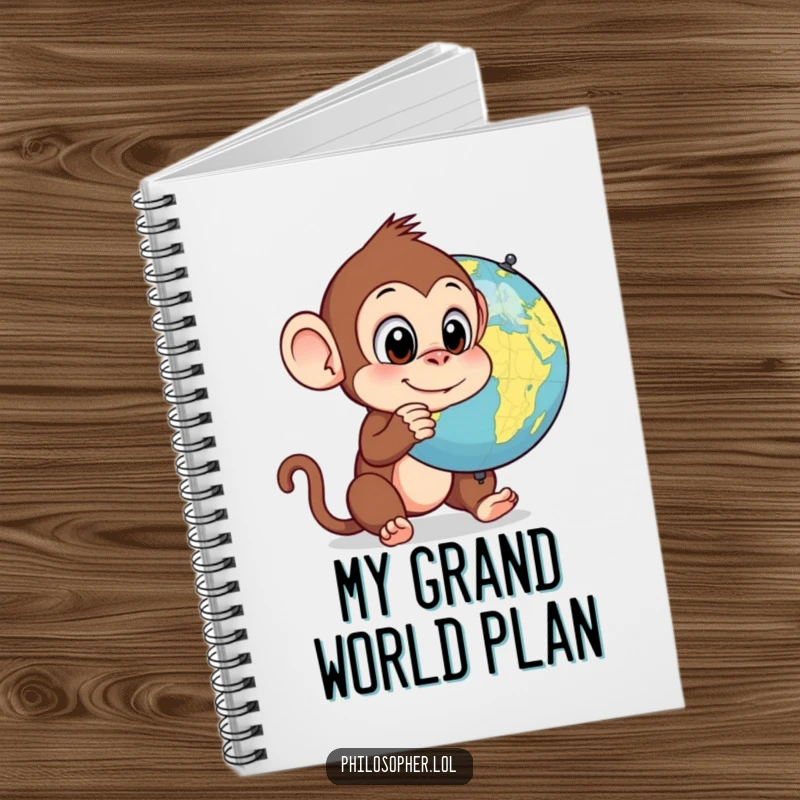 Funny monkey notebook, open pages, silly primate contemplating a spinning globe, creative and humorous stationery.