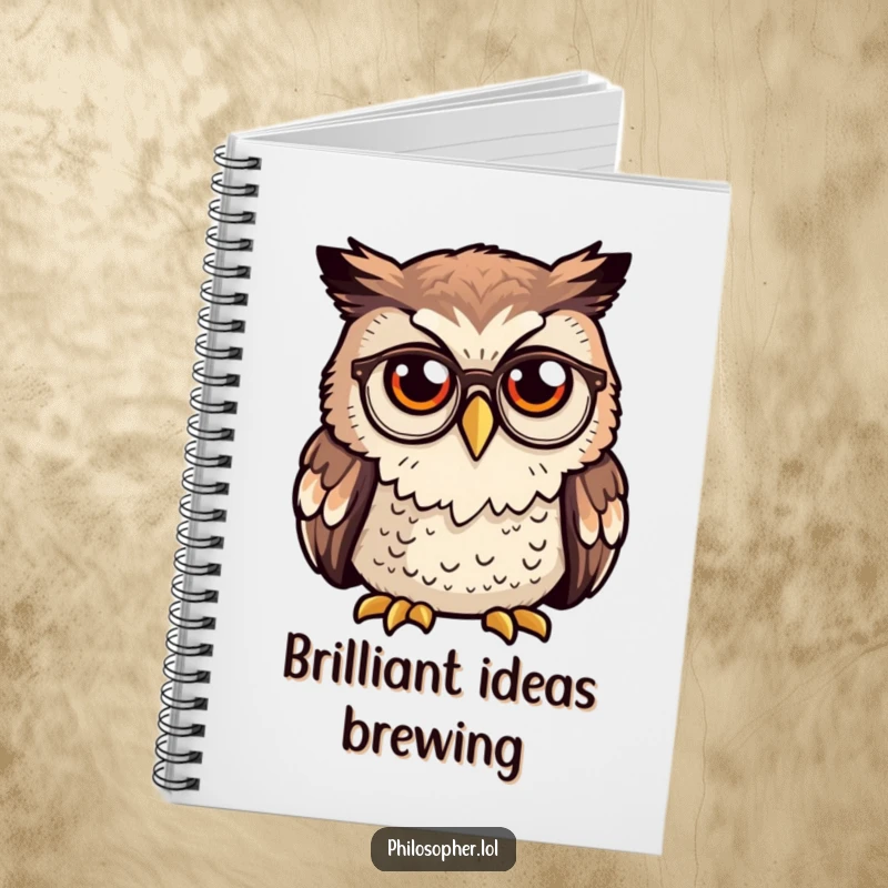 Funny owl notebook, curious owl wearing tiny spectacles deep in thought, journal, smart animal design.