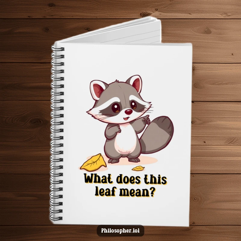 Funny notebook with a mischievous raccoon pointing at a fallen leaf, seeking its meaning. Perfect for journaling. Gift.