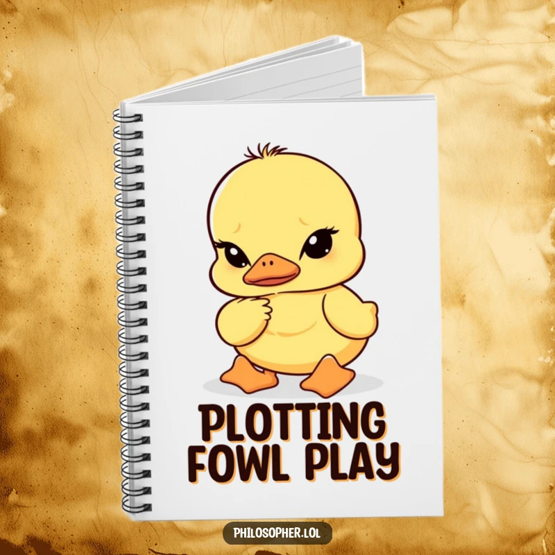 Funny notebook cover featuring a duckling with furrowed brows in deep thought, symbolizing contemplation and humorous note-taking.