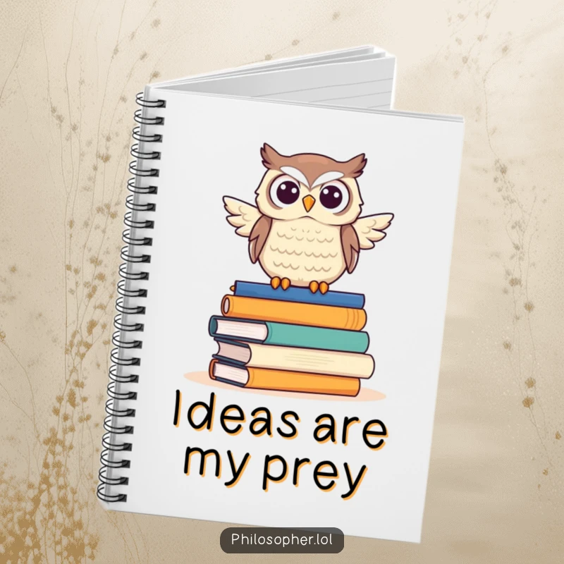 Funny owl notebook cover, showcasing a proud owl sitting on a stack of books, inspiring witty notes and ideas.