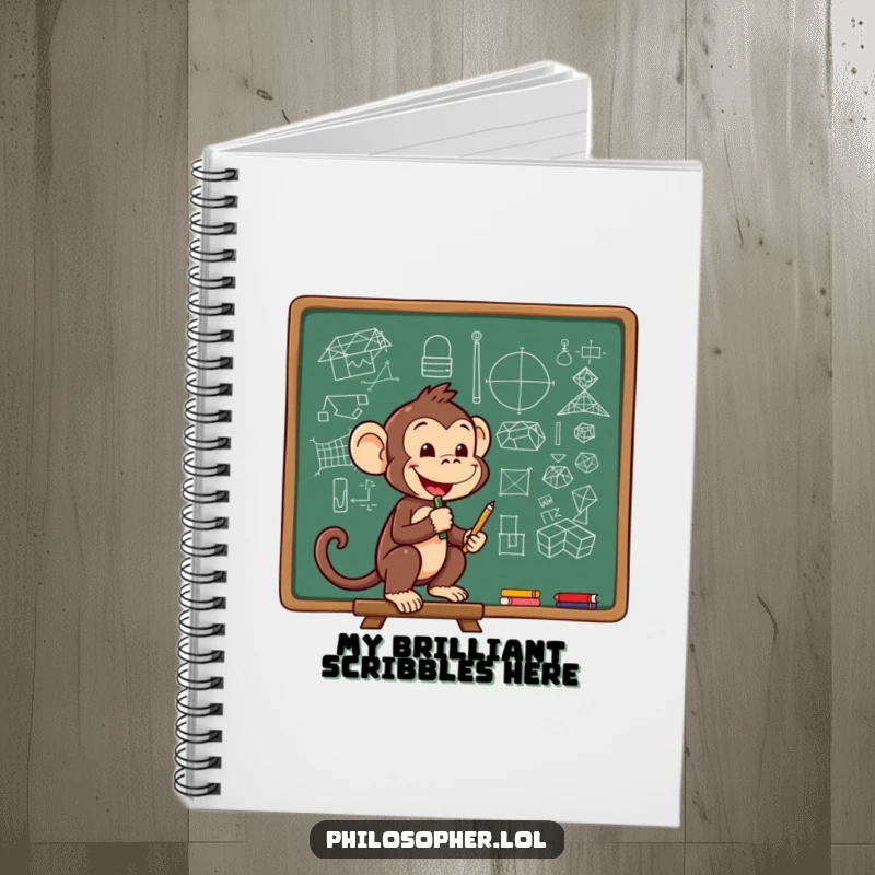 Funny notebook featuring a cheerful monkey sketching complex diagrams on a chalkboard, for capturing brilliant ideas.
