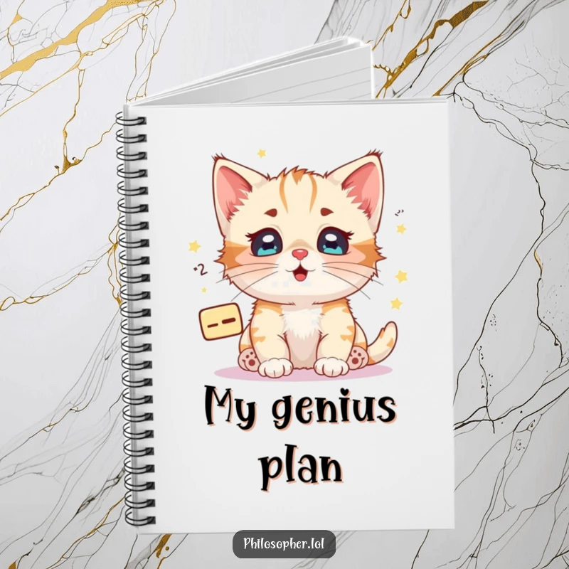 Funny kitten math equation notebook, a happy kitten with starry eyes pondering a floating mathematical equation.