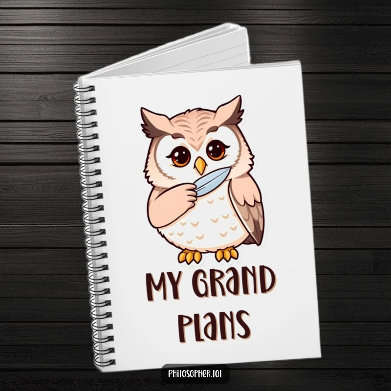 Funny owl notebook featuring a thoughtful owl stroking its chin, ideal for jotting down wise thoughts.