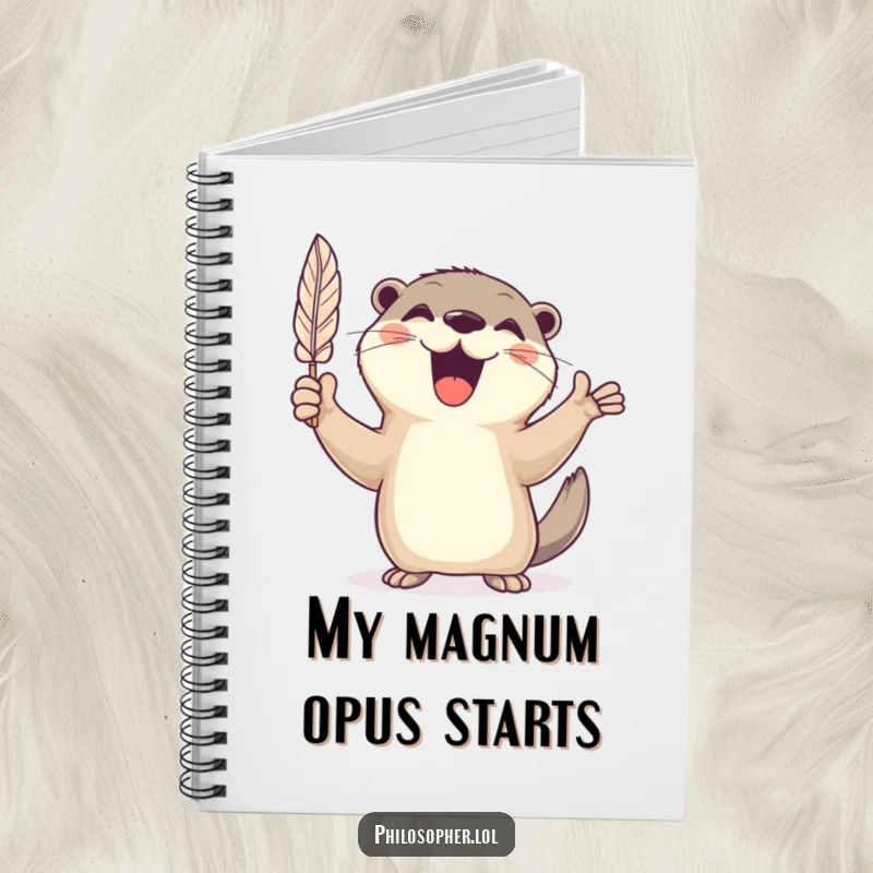 Funny notebook with a cheerful otter gesturing wildly with a feather quill, designed for capturing creative ideas.