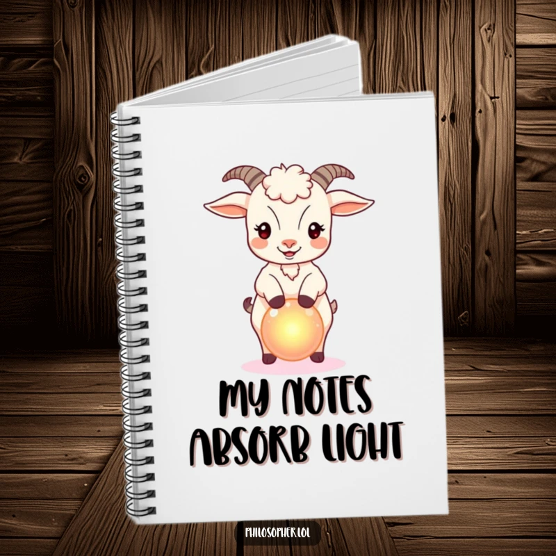 Funny notebook featuring a bouncy goat balancing a small, glowing orb, for jotting down magical thoughts.