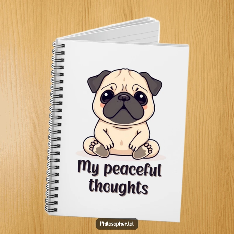 Funny Pug Meditation Notebook with a serene pug meditating on the cover, ideal for journaling thoughts or daily plans.
