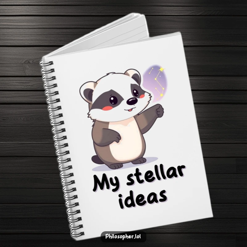 Funny badger notebook, open pages, proud animal pointing at constellations, starry night theme, humorous stationery.