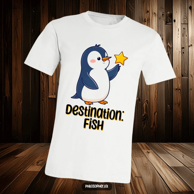 Funny penguin t-shirt featuring a wise bird elegantly pointing a flipper at a star, inspiring dreams.