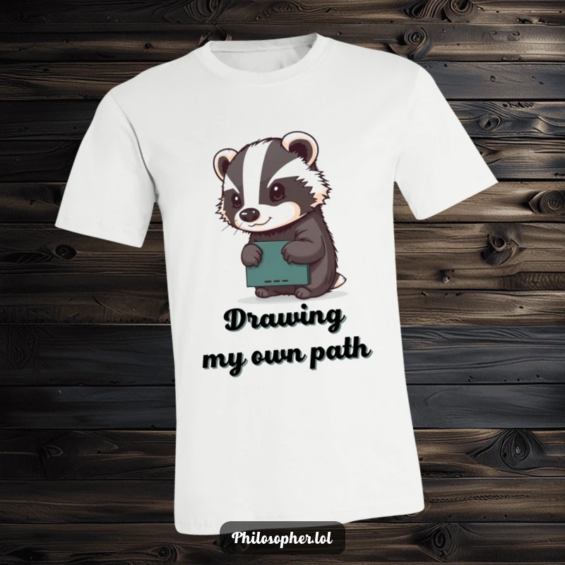 Funny t-shirt depicting a determined badger focused on sketching a masterpiece on a small chalkboard, celebrating artistic endeavor.