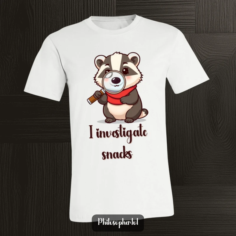Funny t-shirt showcasing a thoughtful badger holding a magnifying glass, looking intently as if solving an important case with a humorous expression.