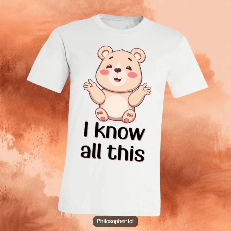 Funny bear t-shirt depicting a smiling bear gesturing wildly to explain a complex idea in a humorous fashion.