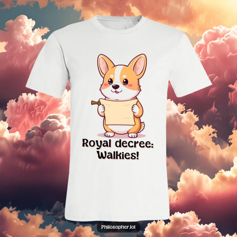 Funny corgi t-shirt with a determined corgi clutching a small scroll, conveying importance and comedic mischief.