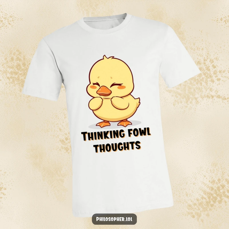 Funny duckling t-shirt with a wobbly duckling intensely thinking with furrowed brows, conveying humorous contemplation.
