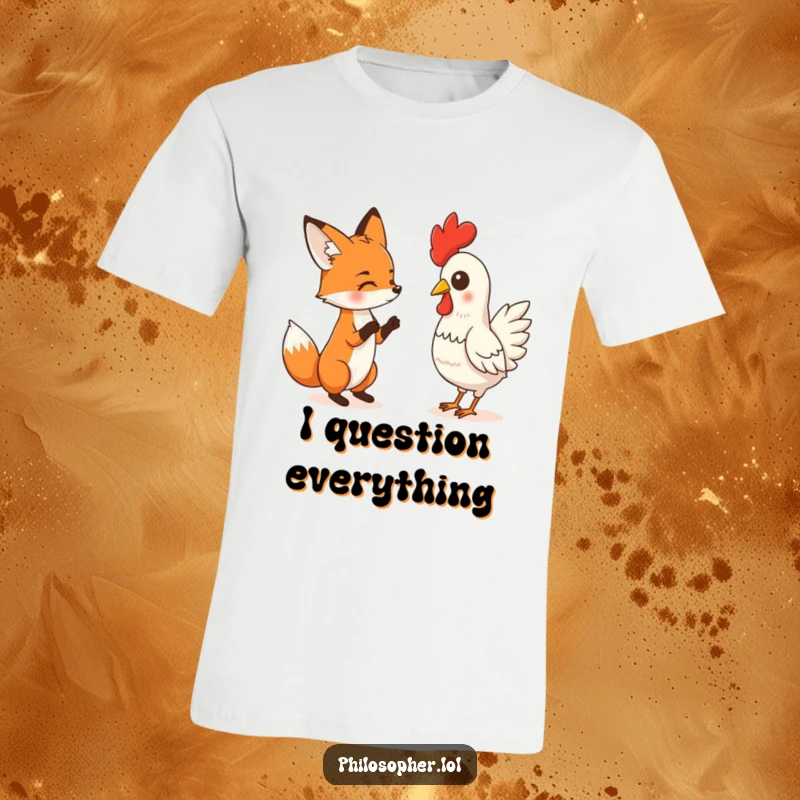 Funny t-shirt showing a fox intensely debating with a rubber chicken, embodying a hilarious, nonsensical, and playful confrontation for comedic effect.
