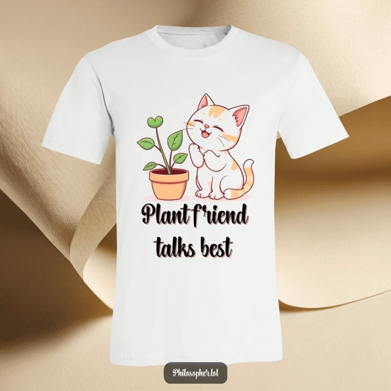 Funny T-Shirt: A mischievous cat giggling while whispering secrets into the leaves of a potted plant, a funny scene.